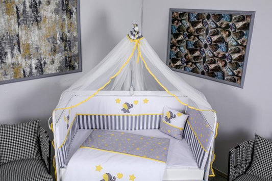 Lenjerie MyKids 9 piese Elephant gri-galben fara baldachin 120x60 cm