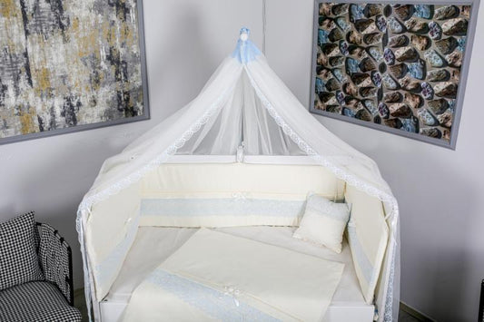 Lenjerie MyKids 11 piese Cream albastru cu baldachin 120x60 cm
