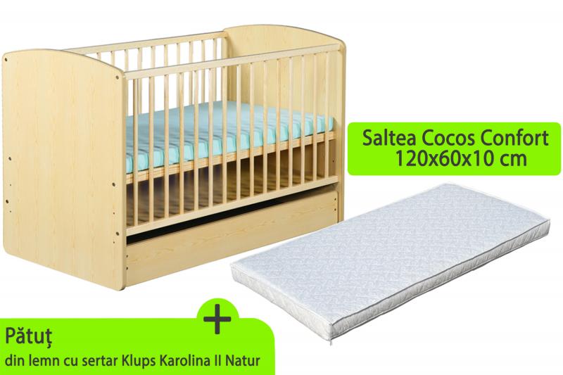 KLUPS Patut cu sertar KLUPS Karolina II Natur + Saltea 10 MyKids Confort II