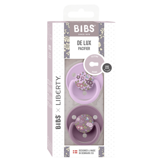 BIBS x LIBERTY - Set 2 suzete De Lux Chamomile Lawn Silicon, tetina rotunda, marime universala-Mauve/Violet Sky
