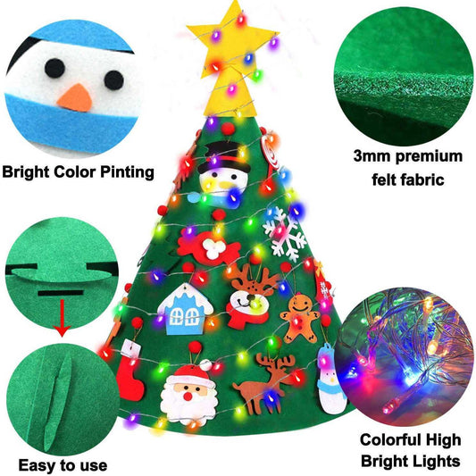 Brad de Craciun din Fetru model Conic 3D, 75x50 cm, 18 decoratiuni si banda LED inclusa Bambinice BN038