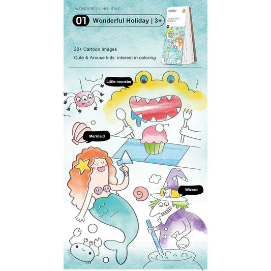 Carte de colorat cu apa, pensula de pictat si culori incluse, 19 x 8 x 1.3 cm, Wonderful Holiday Mideer MD4226