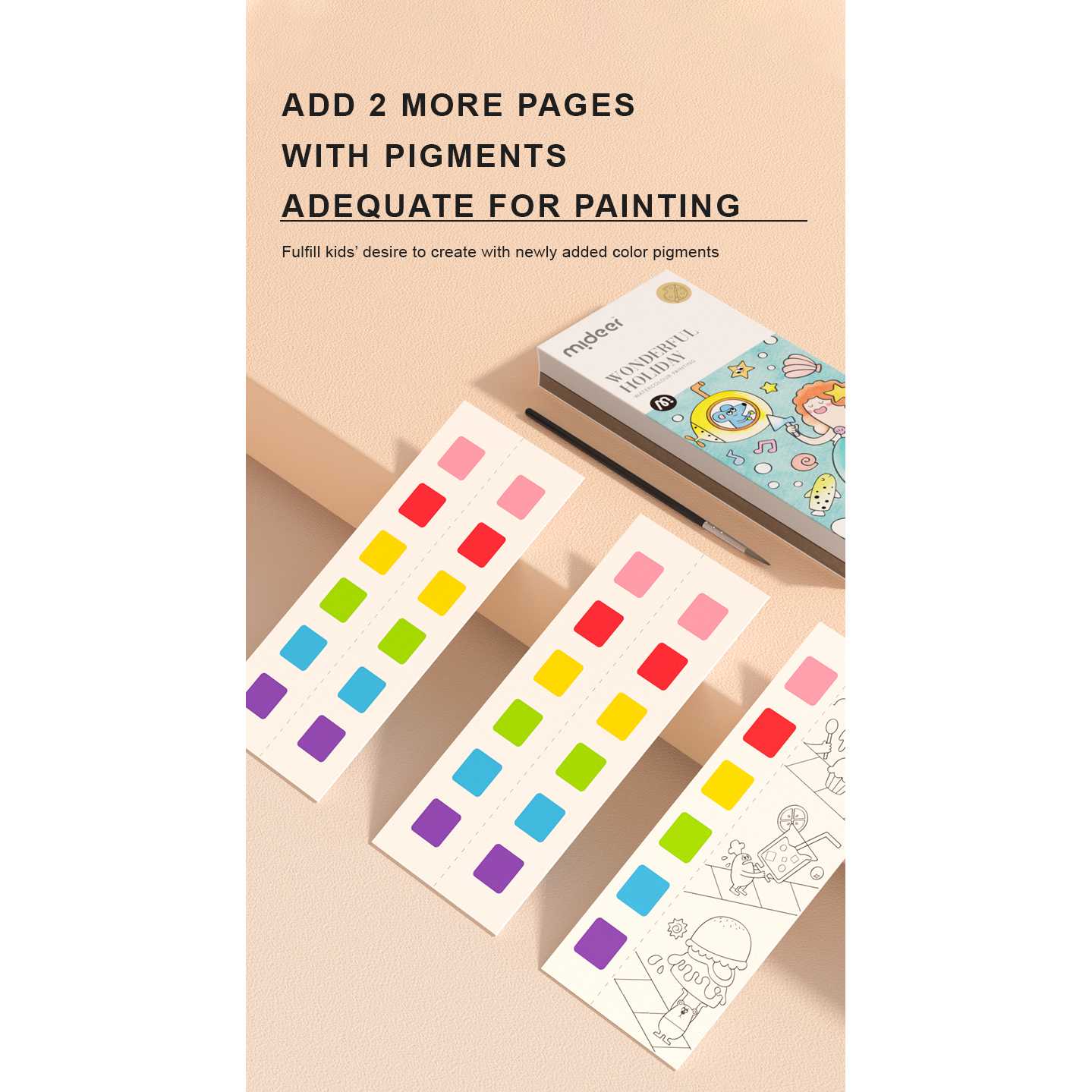 Carte de colorat cu apa, pensula de pictat si culori incluse, 19 x 8 x 1.3 cm, Wonderful Holiday Mideer MD4226