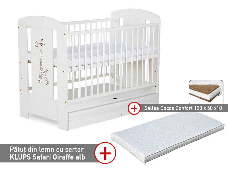 KLUPS Patut cu sertar KLUPS Safari Giraffe Alb + Saltea 10 Mykids Confort II