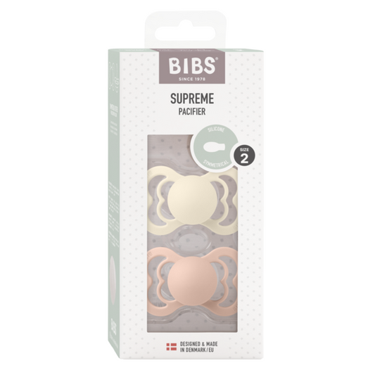 BIBS - Set 2 suzete Supreme Silicon, tetina simetrica, 6 luni +-Ivory/Blush