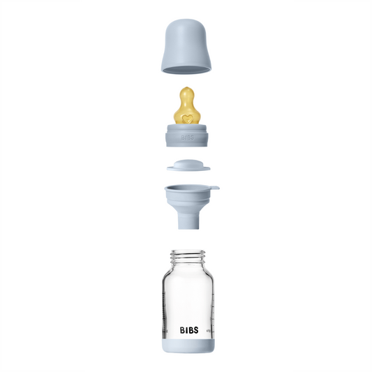 BIBS - Set complet biberon din sticla anticolici cu tetina din latex, flux lent, 120 ml, Baby Blue