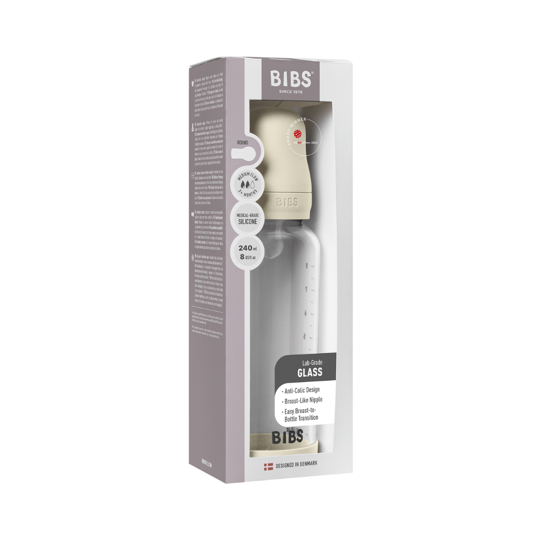 BIBS Set complet biberon din sticla anticolici cu tetina din silicon, flux mediu, 240 ml, Ivory - imaginea 4