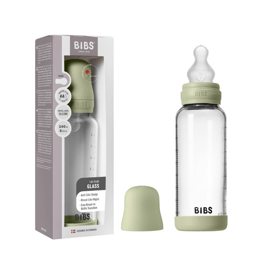BIBS - Set complet biberon din sticla anticolici cu tetina din silicon, flux mediu, 240 ml, Sage