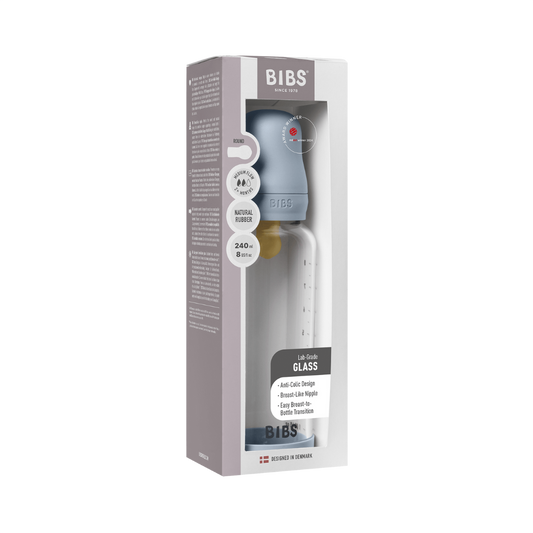 BIBS - Set complet biberon din sticla anticolici cu tetina din latex, flux mediu, 240 ml, Baby Blue