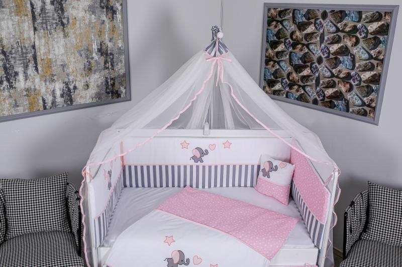 Lenjerie MyKids 11 piese Elephant gri-roz cu baldachin 120x60 cm