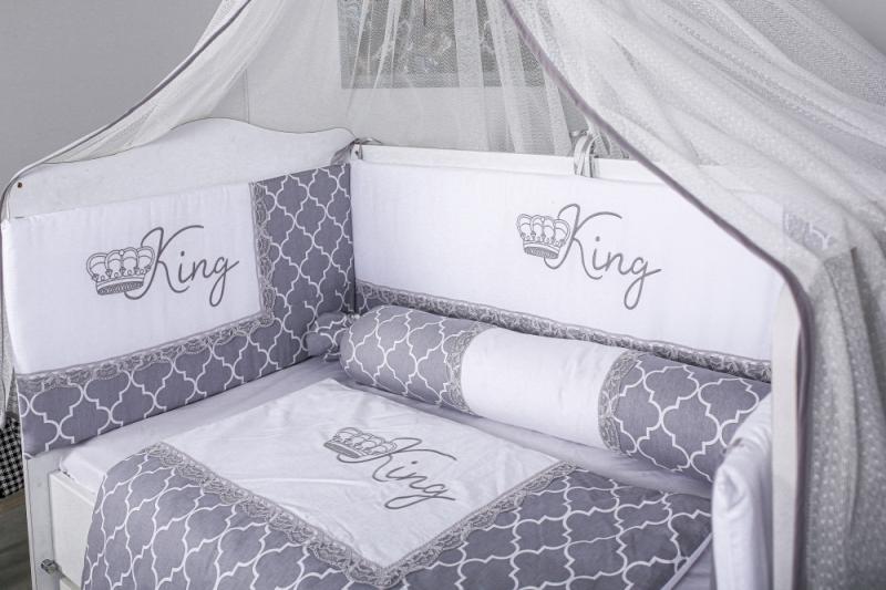 Lenjerie MyKids 10 piese King gri-alb cu baldachin 120x60 cm