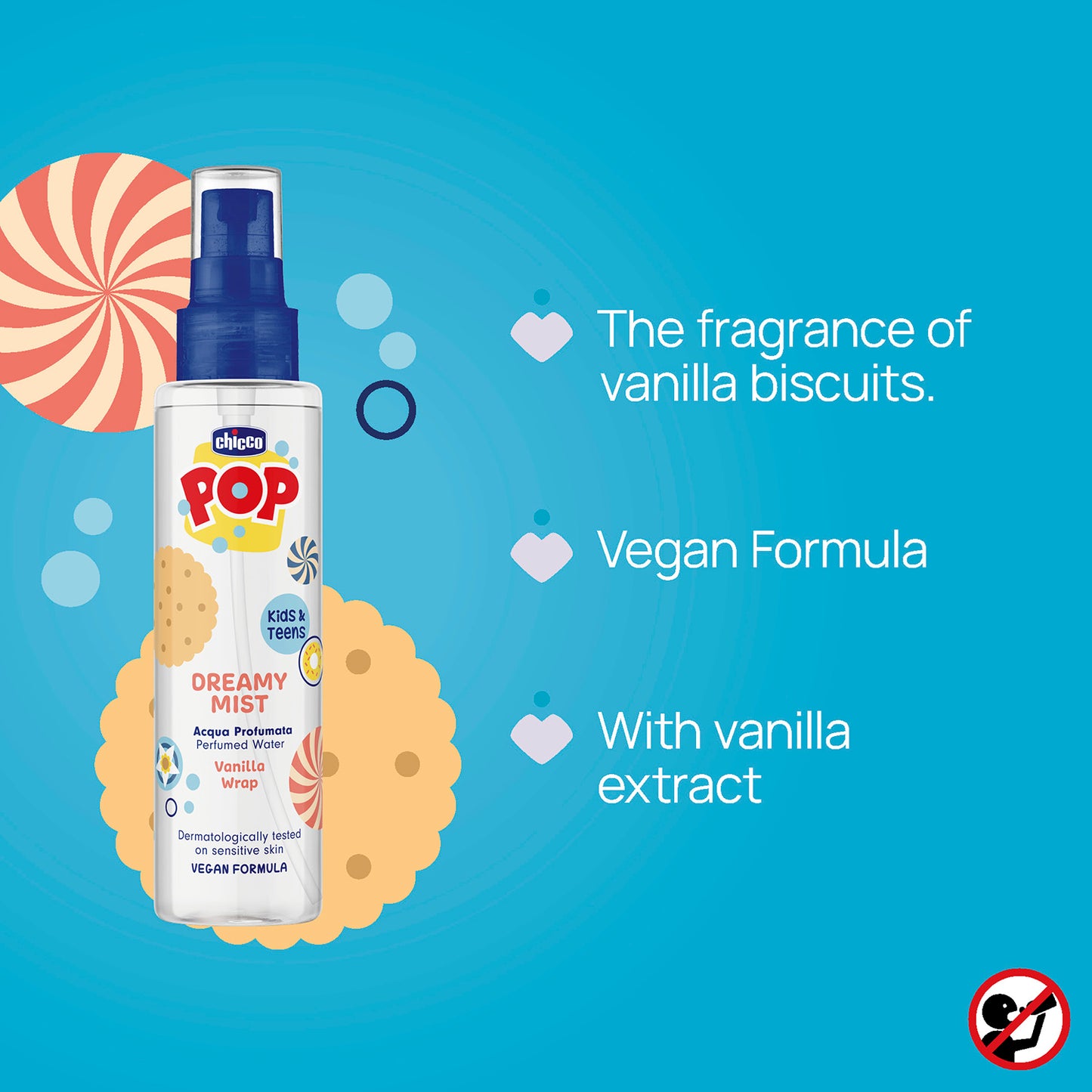 Apa parfumata Chicco POP DreamyMist cu aroma de prajitura cu vanilie, formula vegana, pentru copii si adolescenti 150 ml