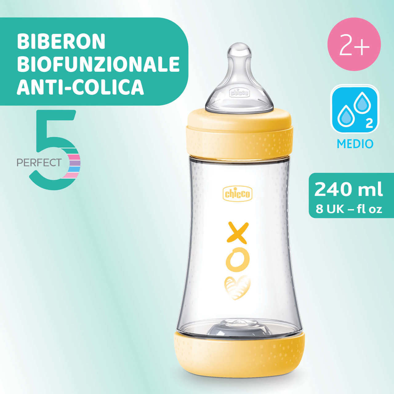 Biberon Chicco Perfect5 PP, tetina s., flux mediu, 240ml, 2luni+