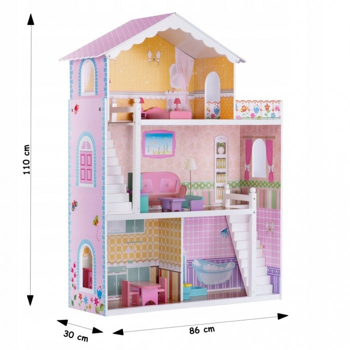 Casuta din lemn pentru papusi cu 3 etaje, mobilier si terasa Ricokids 7830 - Roz