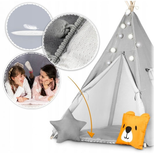 Cort De Joaca Pentru Copii Cu ghirlanda, Lumini, covoras si 2 pernite Ricokids 120 X 120 X 165 Cm - Gri