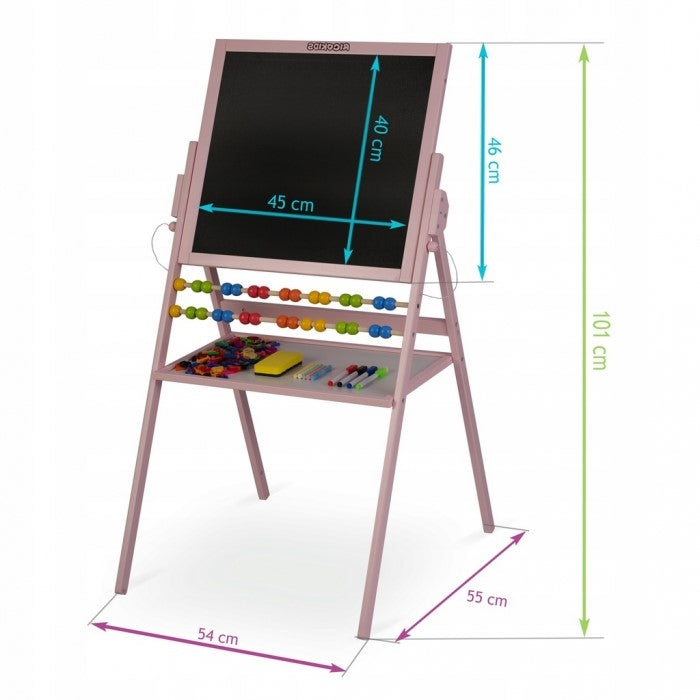 Tabla 2 in 1 pentru copii cu creta sau marker/magnetica, abac, set de creta colorata si markere, burete, cifre si litere magnetice, Ricokids 780002, Roz