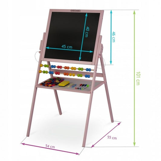 Tabla 2 in 1 pentru copii cu creta sau marker/magnetica, abac, set de creta colorata si markere, burete, cifre si litere magnetice, Ricokids 780002, Roz