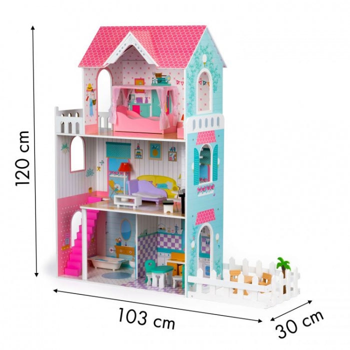 Casuta de papusi inalta din lemn cu mobilier si gradina, Ecotoys W06A379