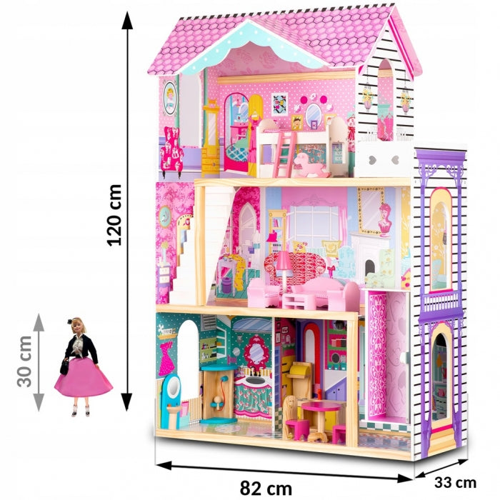 Casuta de papusi din lemn cu 3 etaje, lift si lampa LED Ricokids RC-829