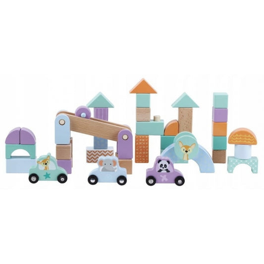 Set blocuri din lemn cu animalute si masini, 60 de bucati, Sun Baby 064