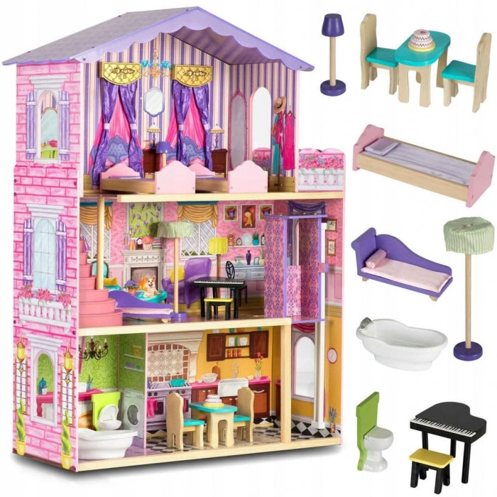 Casuta de papusi din lemn cu 3 etaje, mobilier si lift Ricokids RC-807