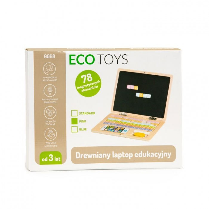 Laptop educational din lemn cu magnet si taste din lemn Ecotoys G068 - Roz