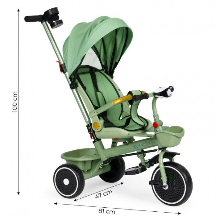 Tricicleta 2 in 1 pentru copii, scaun rotativ 360°, roti din spuma EVA, Ecotoys WQL-066-18 - Verde
