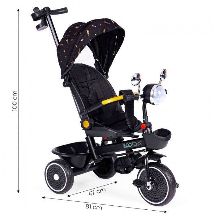 Tricicleta pentru copii, scaun rotativ 360°, roti din spuma EVA, Ecotoys WQL-186 - Negru