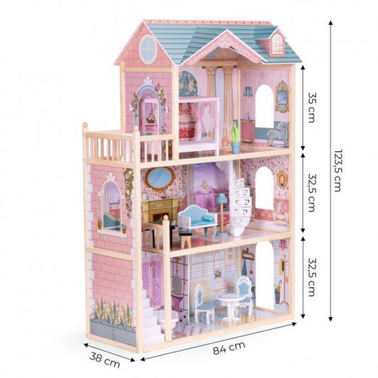 Casuta de papusi din lemn cu 3 etaje si mobilier Ecotoys 8106
