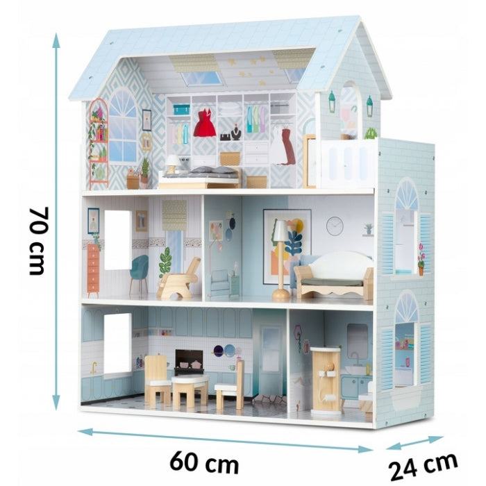 Casuta de papusi din lemn cu 3 etaje, mobilier inclus, 60 x 24 x 70 cm, Ricokids RK-878 - Albastru deschis