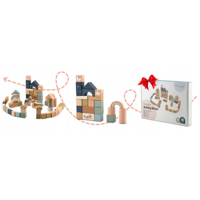 Set educational cu blocuri din lemn, 70 bucati, Nukido NK-858