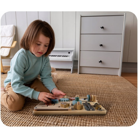 Tabla educationala din lemn cu diverse activitati, 32.5 x 24 cm, Nukido NK-859