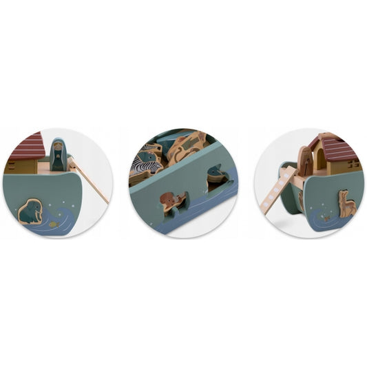 Jucarie educativa Arca lui Noe din lemn cu animalute, 17.5 x 13.5 x 20 cm, Nukido NK-862