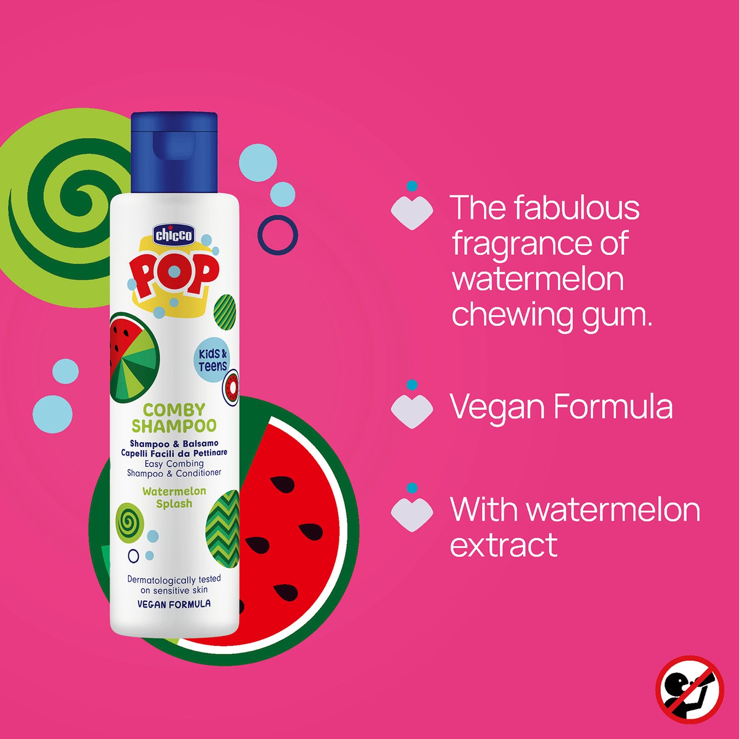 Sampon si balsam de par 2 in 1 Chicco POP cu aroma de pepene rosu, formula vegana, pentru copii si adolescenti, 250 ml