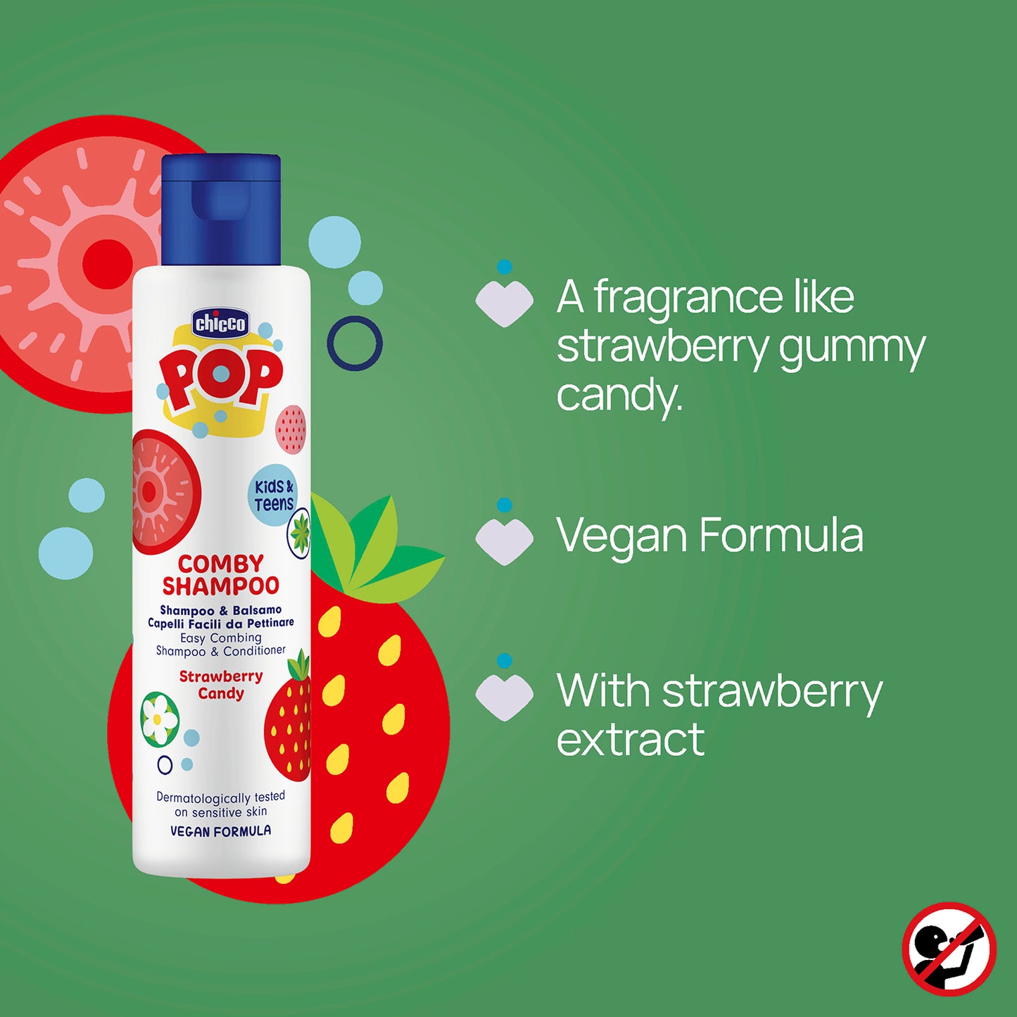 Sampon si balsam de par 2 in 1 Chicco POP cu aroma de bomboane cu capsuni, formula vegana, pentru copii si adolescenti 250 ml