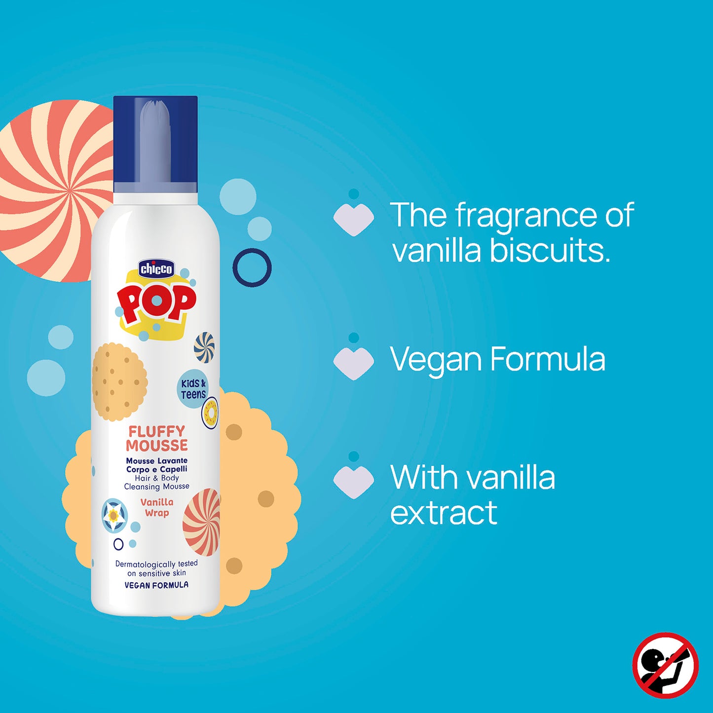 Sampon si gel de dus Chicco POP, tip spuma cu aroma de prajitura cu vanilie, formula vegana, pentru copii si adolescenti, 200 ml