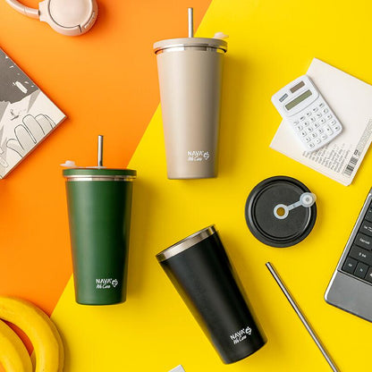 Cana termica cu pai din otel inoxidabil, Nava We care, 500 ml, bej