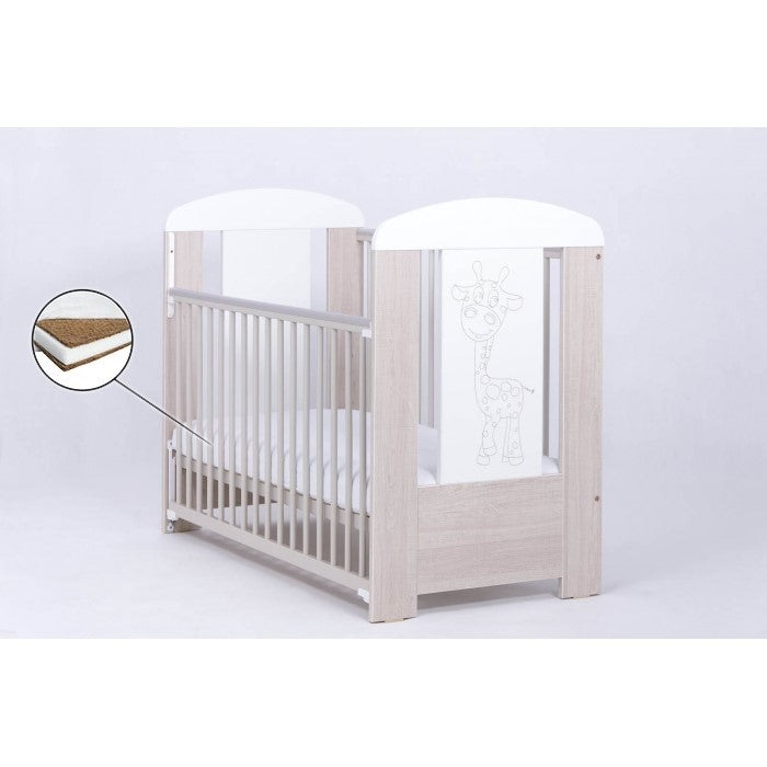 Patut Drewex Giraffe Culisant - Natur cu Alb + Saltea Cocos 12 cm