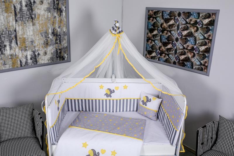 Lenjerie MyKids 9 piese Elephant gri-galben fara baldachin 120x60 cm