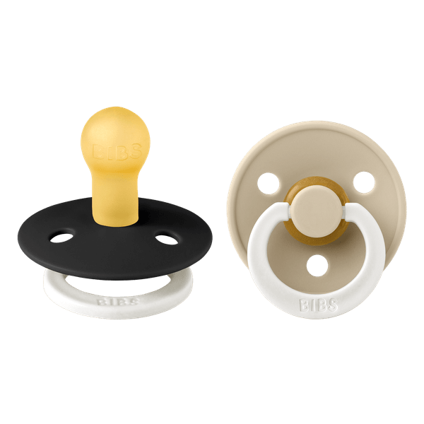 BIBS - Set 2 suzete fosforescente Colour Glow Latex, tetina rotunda, 0 luni +-Black/Vanilla