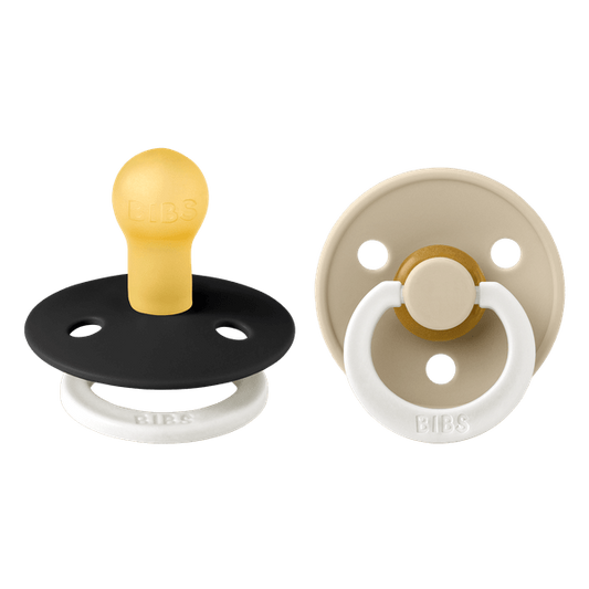 BIBS - Set 2 suzete fosforescente Colour Glow Latex, tetina rotunda, 0 luni +-Black/Vanilla