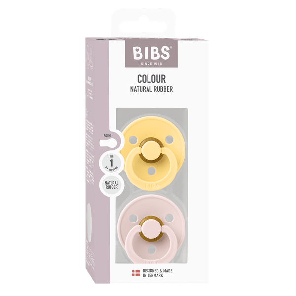 BIBS - Set 2 suzete Colour Latex, tetina rotunda, 0 luni +-Pale Butter/Petal