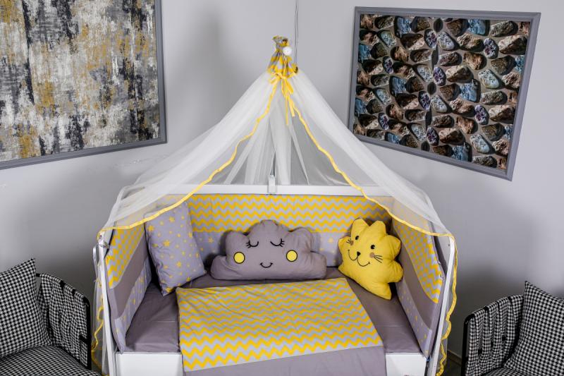 Lenjerie MyKids 10 piese Cloud gri-galben fara baldachin 120x60 cm