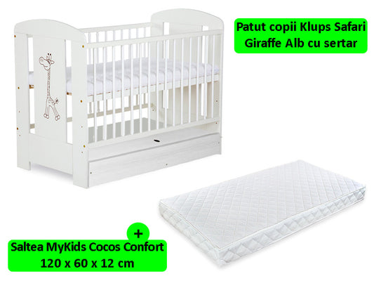 Patut cu sertar KLUPS Safari Giraffe Alb + Saltea 12 MyKids Confort II 