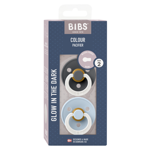 BIBS - Set 2 suzete fosforescente Colour Glow Latex, tetina rotunda, 6 luni +-Iron/Baby Blue