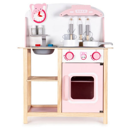 Bucatarie din lemn Ecotoys CA12009 cu sunete + accesorii bucatarie - roz