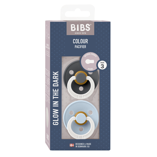 BIBS - Set 2 suzete fosforescente Colour Glow Latex, tetina rotunda, 18 luni +-Iron/Baby Blue