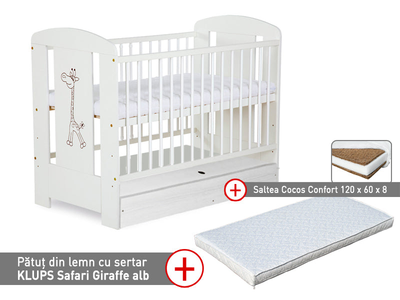 Patut cu sertar KLUPS Safari Giraffe Alb + Saltea 8 Mykids Confort II