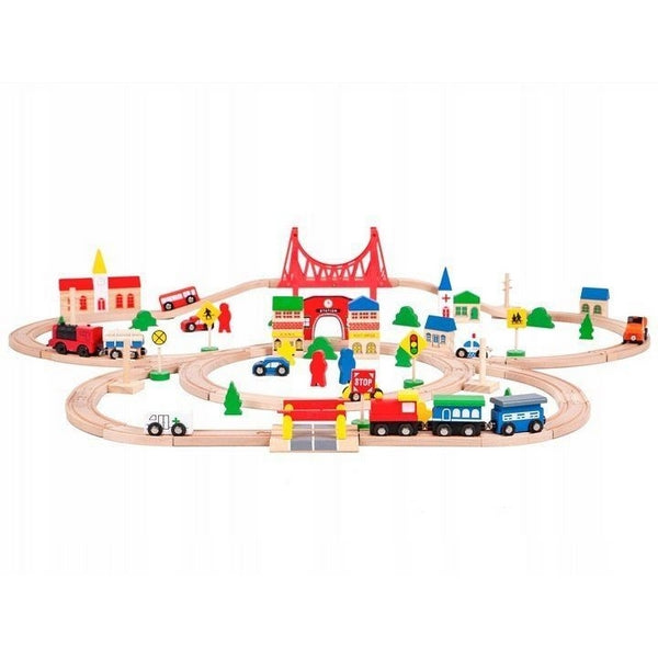 Joc Circuit din lemn, ECOTOYS HM014665, cu trenulet si masinute, 90 de elemente