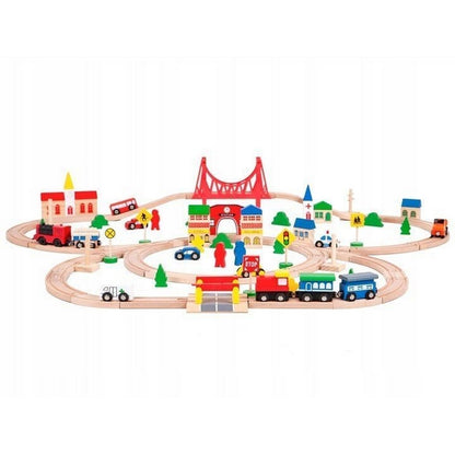 Joc Circuit din lemn, ECOTOYS HM014665, cu trenulet si masinute, 90 de elemente